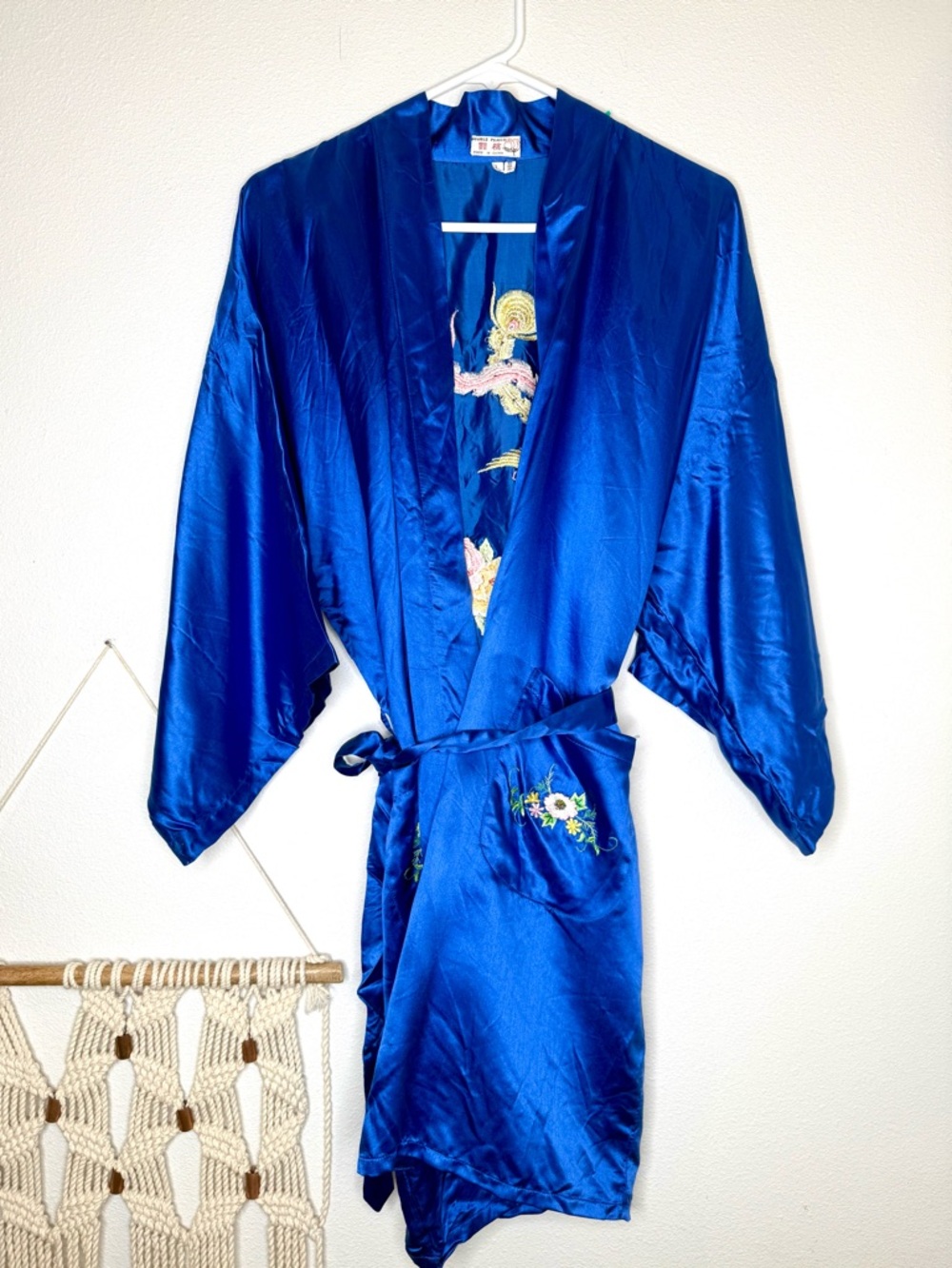 Vtg Chinese Silk Robe Royal Blue Double Peach Floral Embroidery Kimono Phoenix - Picture 4 of 11